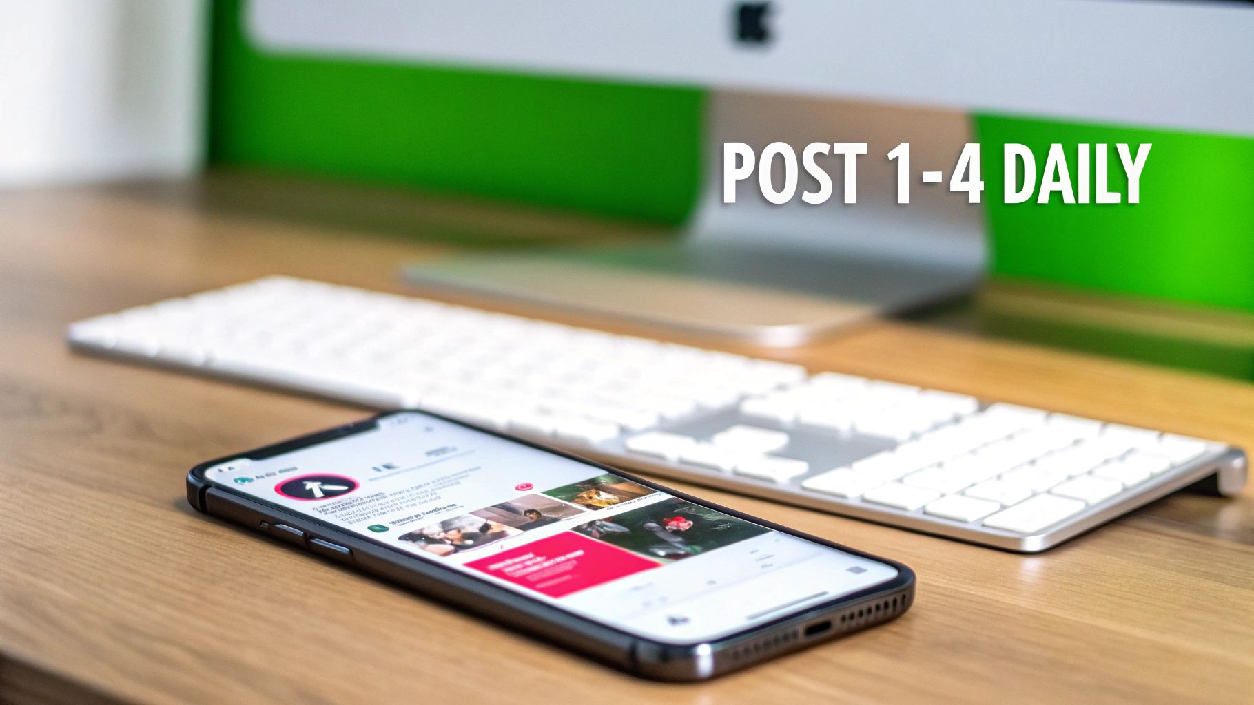 Smartphone displaying social media content on a wooden desk next to a keyboard and monitor, with text 'POST 1-4 DAILY'.