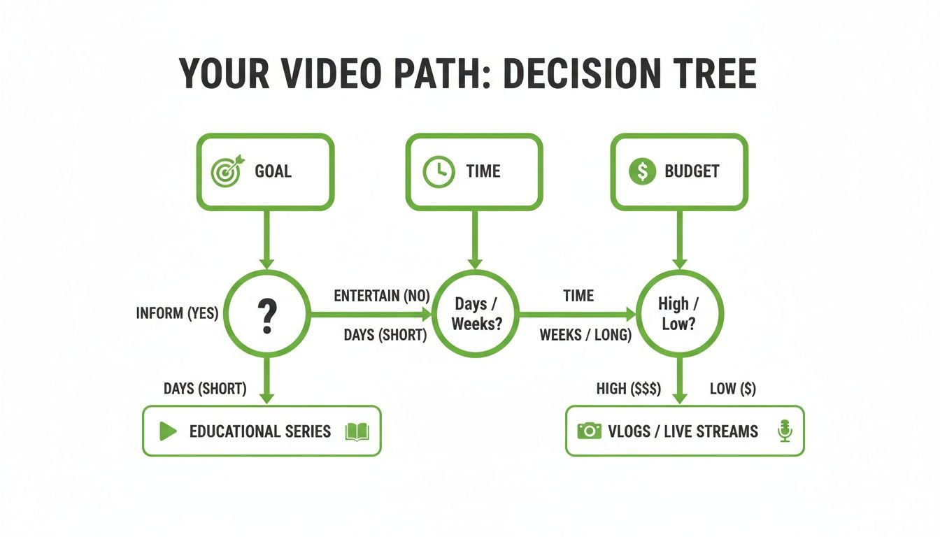 Flowchart outlining video creation decisions based on goal (inform/entertain), time, and budget.