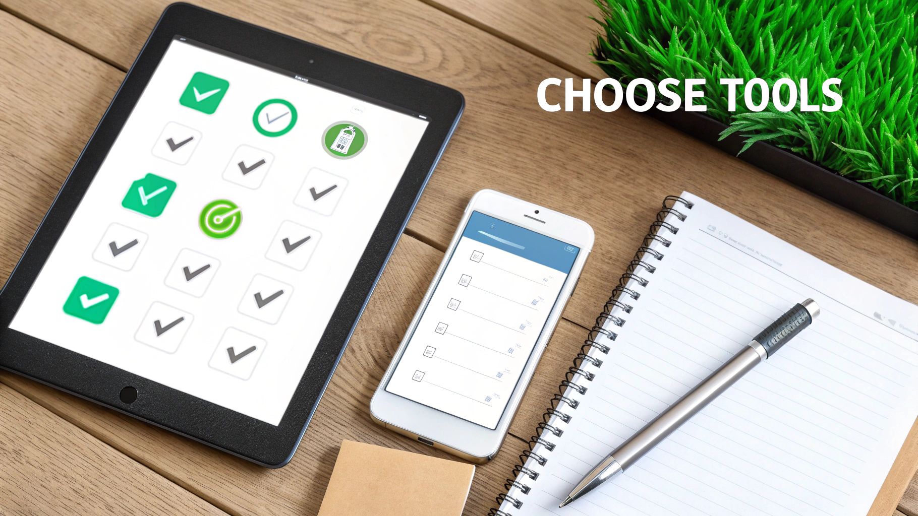 A tablet and smartphone displaying task management apps, with a notebook, pen, and grass.