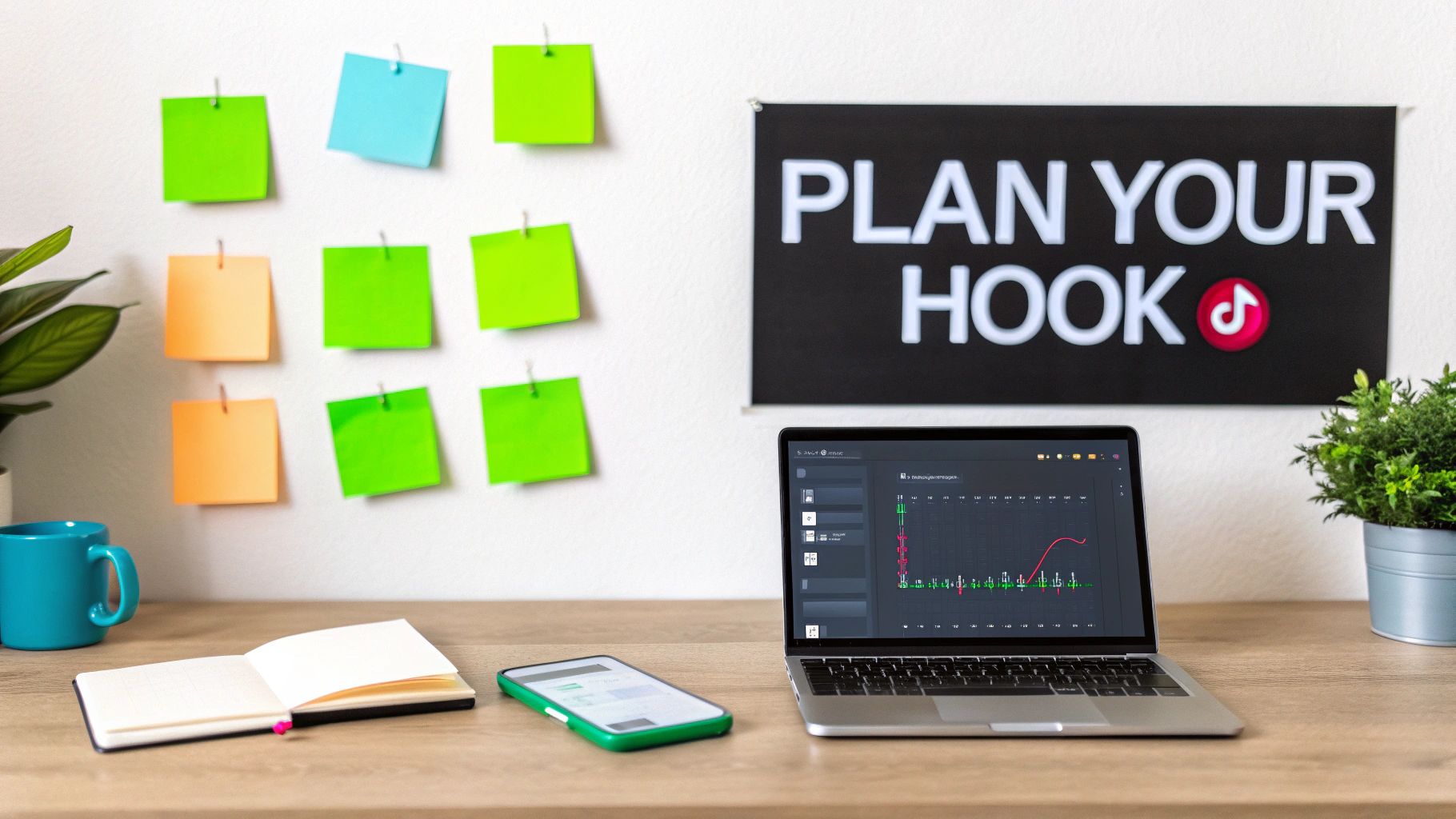 A desk setup with a laptop displaying a graph, a smartphone, and a 'PLAN YOUR HOOK' TikTok banner.