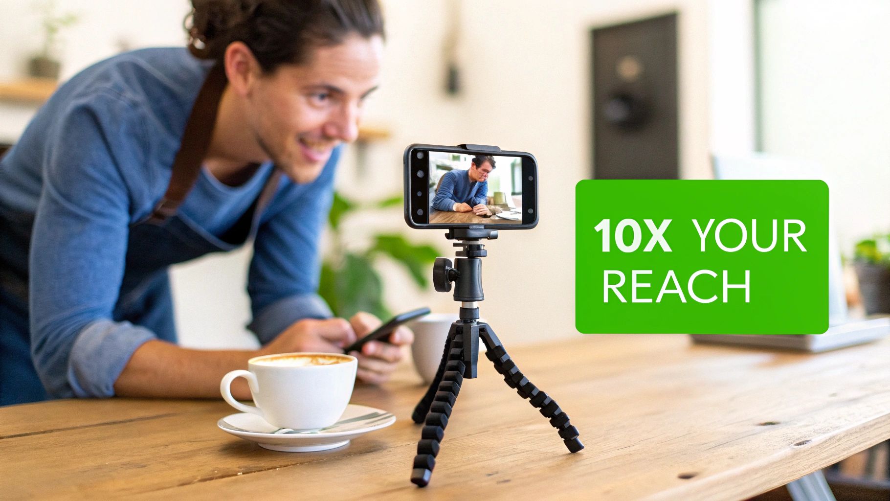 A smiling man records a video with his smartphone on a tripod, demonstrating how to increase reach.