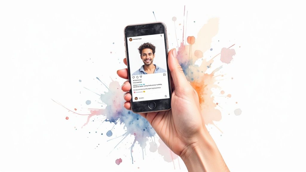A hand holds a smartphone displaying a social media post of a smiling man, surrounded by colorful watercolor splatters.