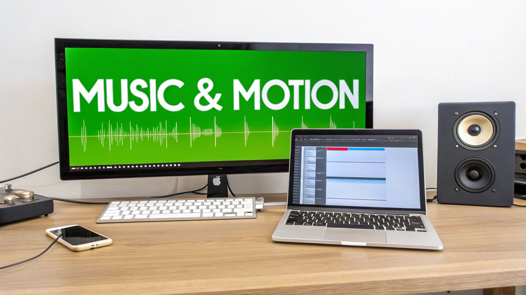 A creative workspace with a large monitor displaying 'MUSIC & MOTION', a laptop, speaker, and smartphone.