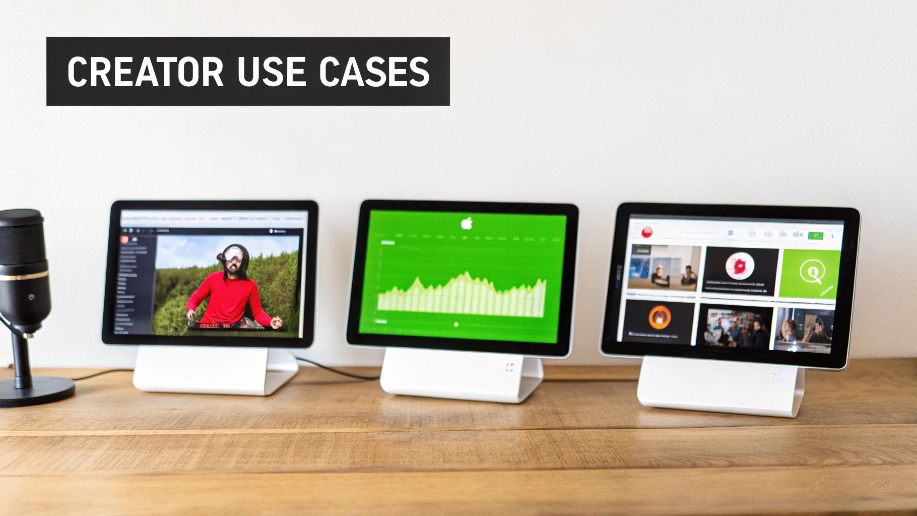 Three tablets display creator content on a desk next to a microphone, demonstrating various use cases.