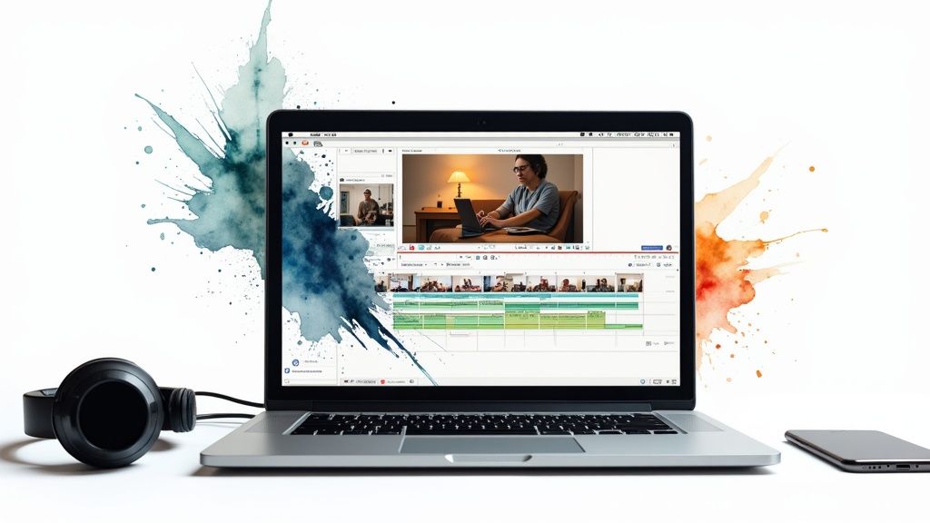 A laptop displays video editing software with clips, surrounded by headphones and a smartphone on a colorful background.