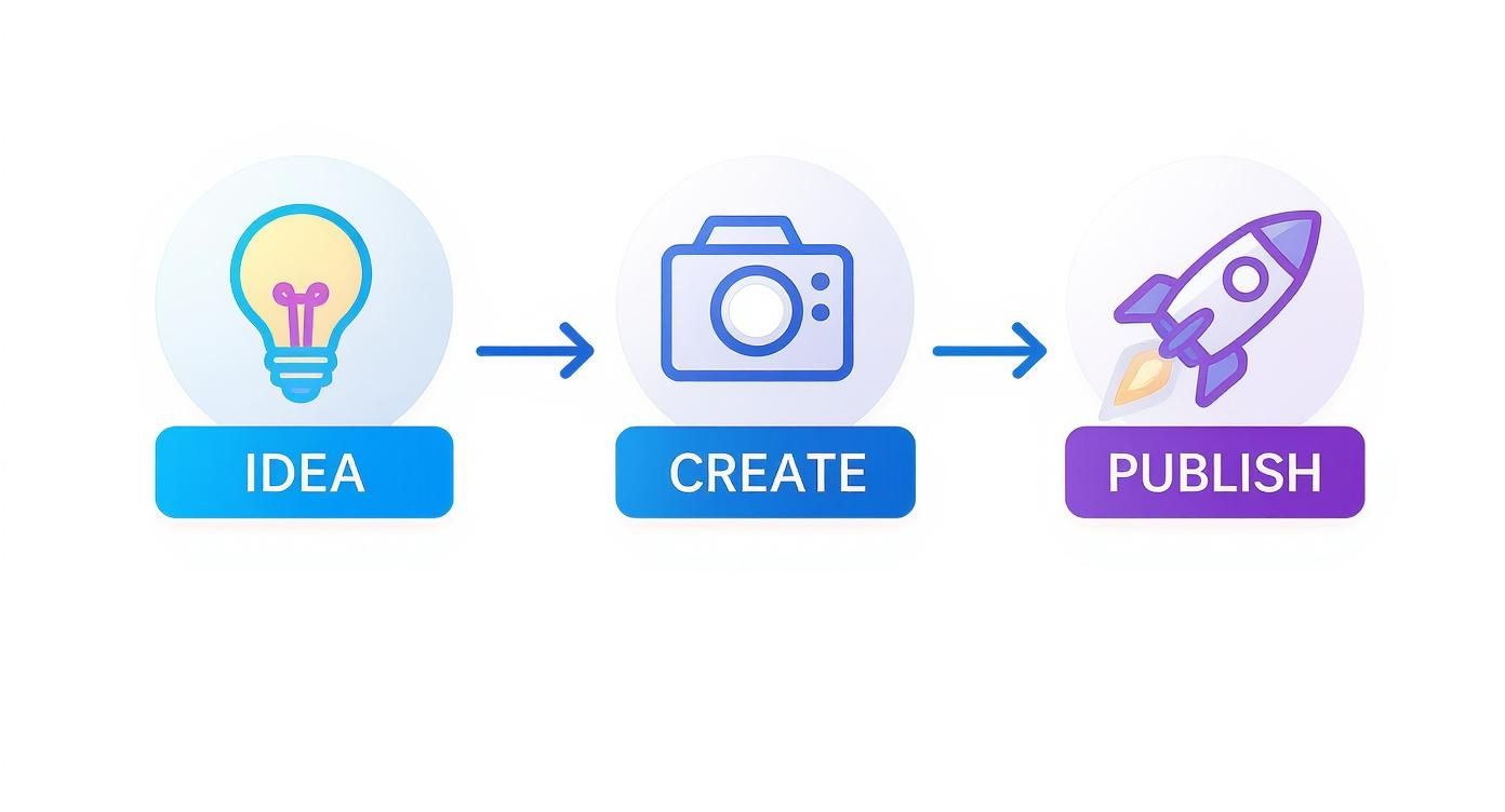 A three-step flowchart shows the creative process: Idea (lightbulb), Create (camera), and Publish (rocket).
