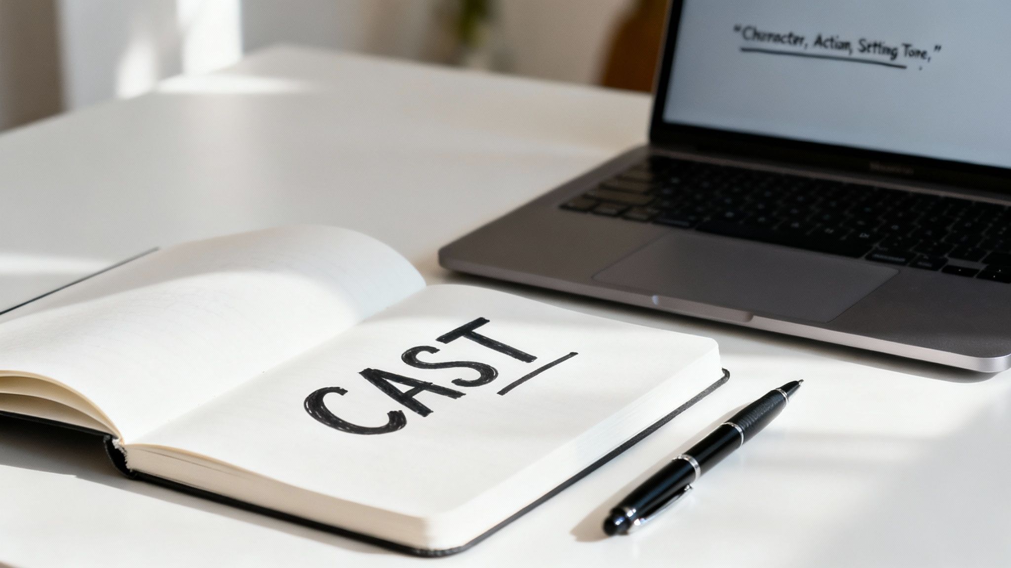 An open notebook with 'CAST' written on a page, a pen, and a laptop displaying a scriptwriting quote.