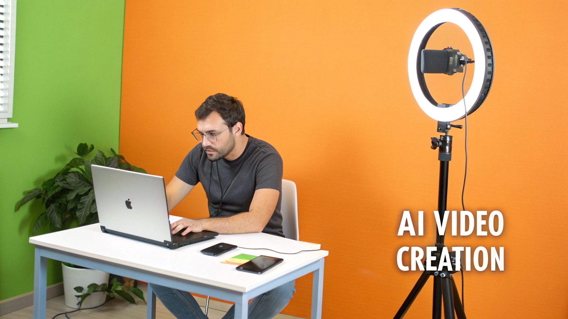 Content creator working at desk with laptop and ring light for AI video production