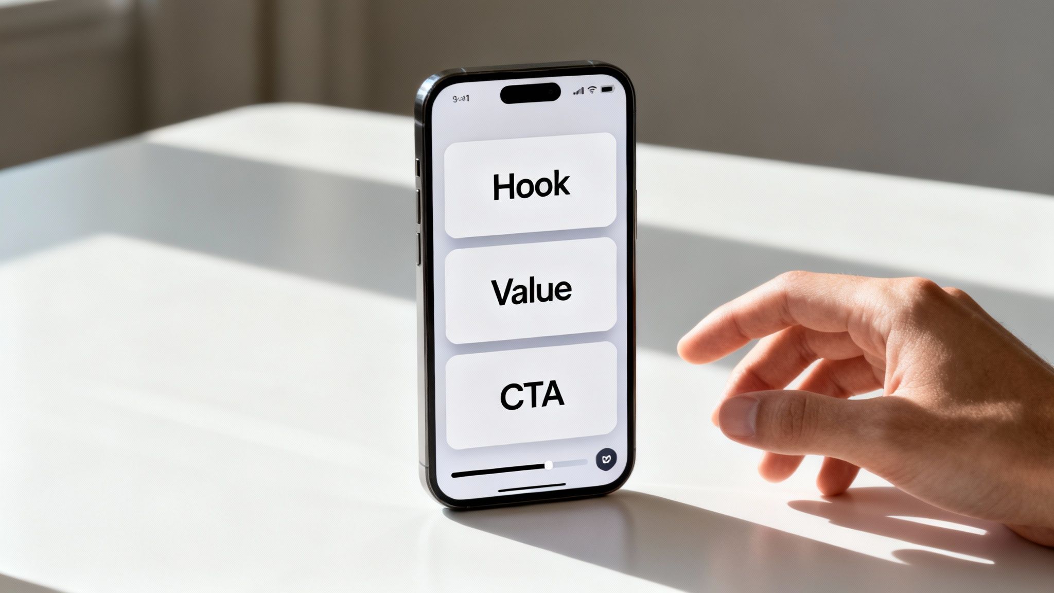 A smartphone screen displays 'Hook', 'Value', and 'CTA' cards, outlining a content strategy.