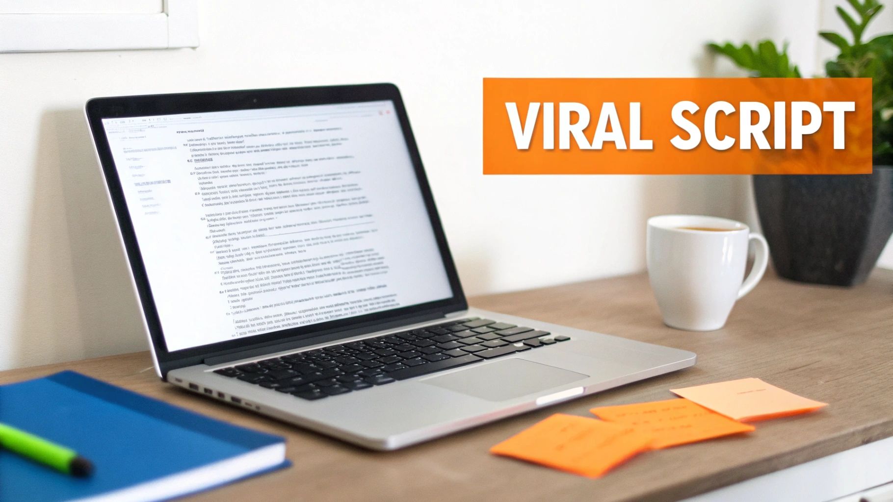 Laptop displaying viral script document on wooden desk with coffee mug and notebook