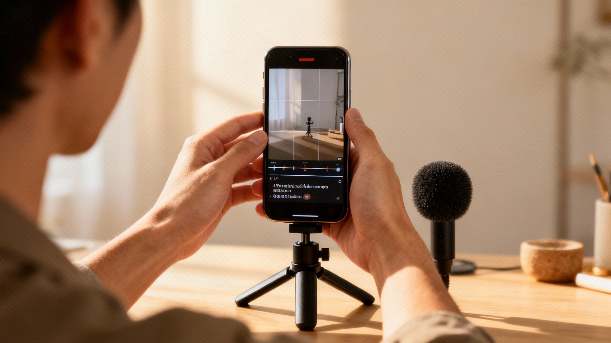 Person filming content with smartphone on tripod and external microphone on a desk.