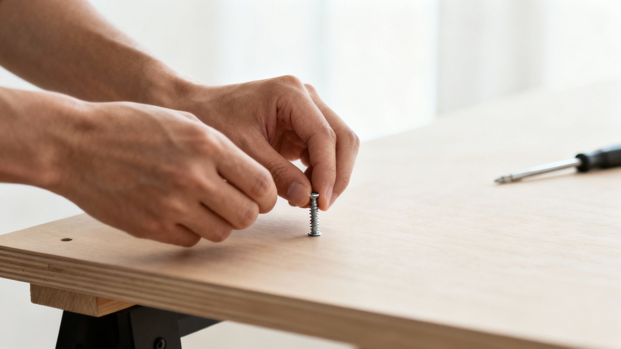 Close-up of hands carefully inserting a metal screw into a light wooden board, with a screwdriver nearby.