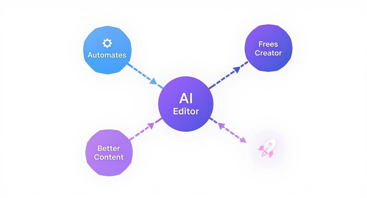 AI Editor workflow diagram showing connections between Automates, Frees Creator, and Better Content features
