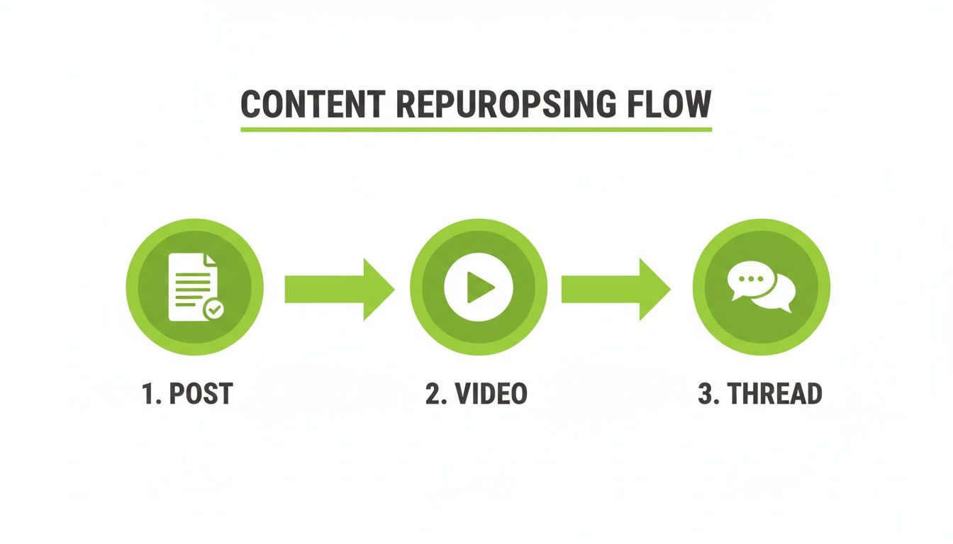 A content repurposing flow diagram showing a post evolving into a video and then a thread.