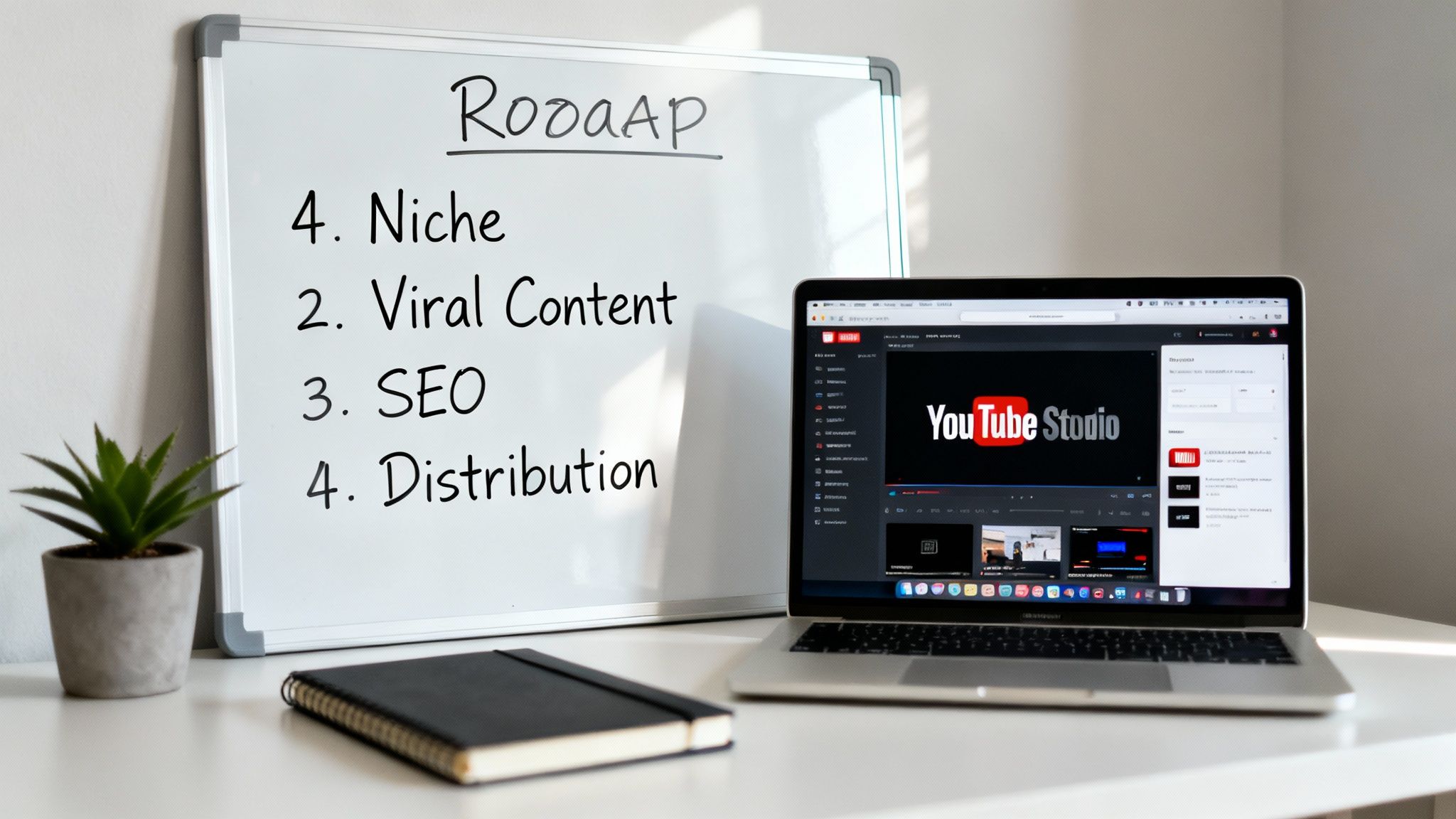 Whiteboard showing 'RooAAP' YouTube strategy steps and a laptop displaying YouTube Studio.