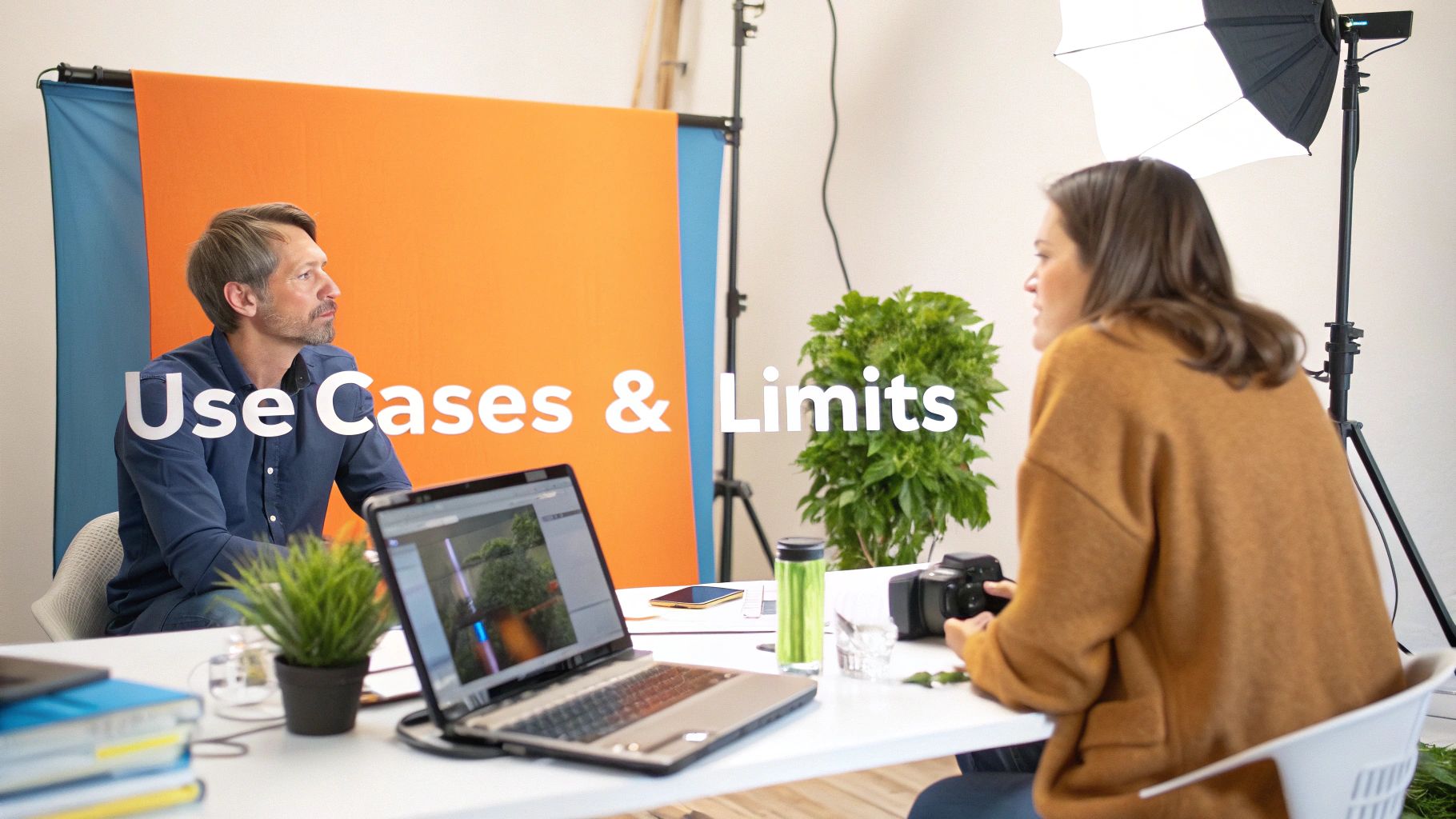 Two professionals discussing use cases and limits of AI video editing software in modern studio