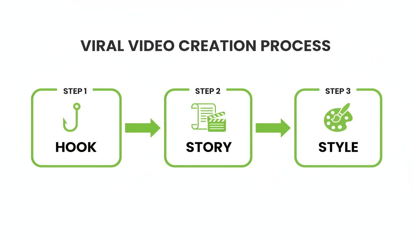 An infographic showing the viral video creation process with three steps: Hook, Story, and Style, each with an icon.