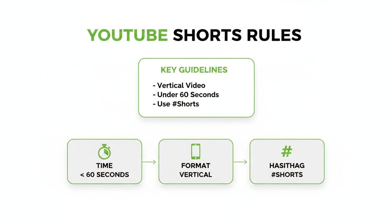 Infographic outlining YouTube Shorts rules, including vertical format, under 60 seconds duration, and using #Shorts.