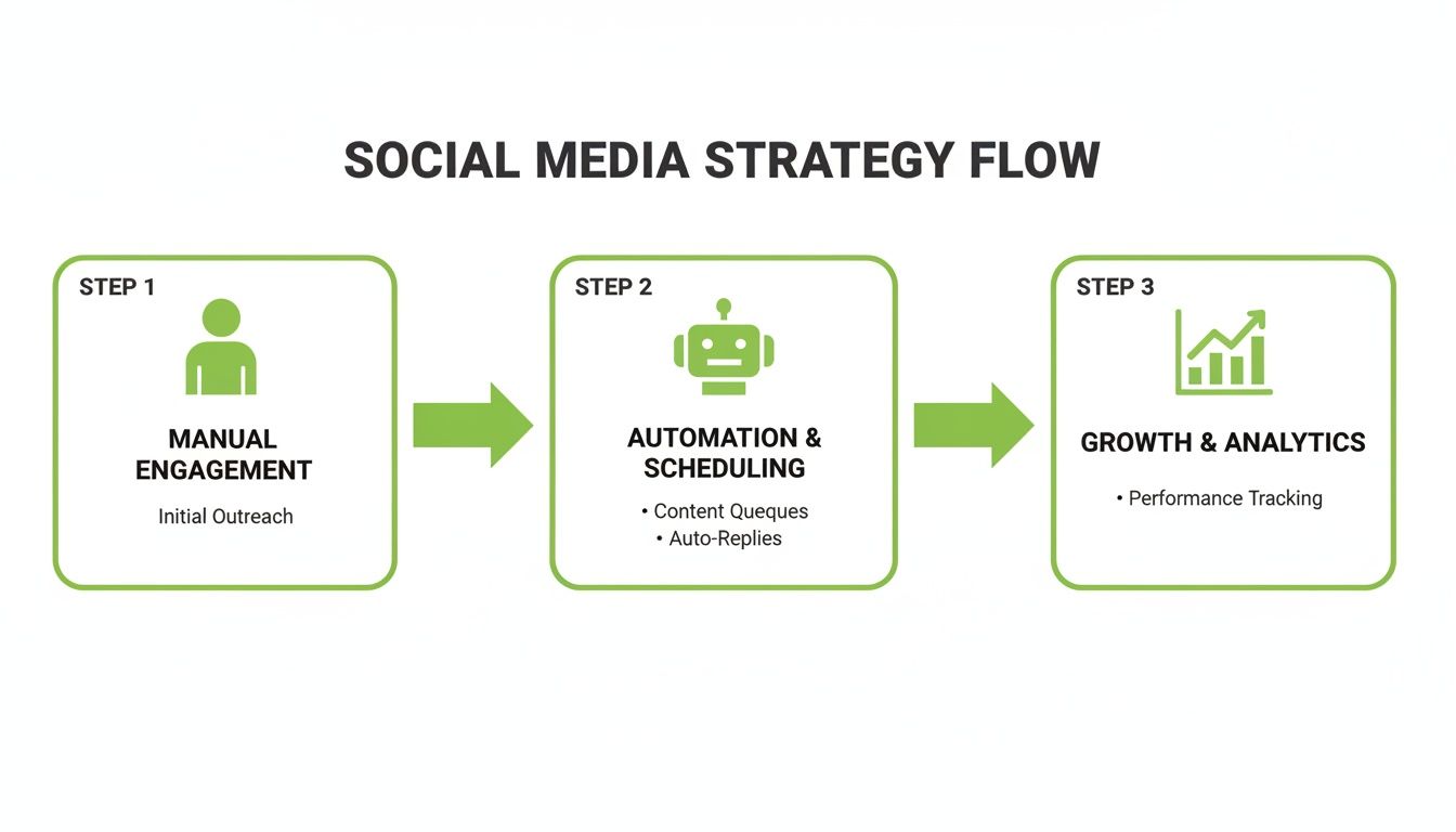 Flowchart illustrating a social media strategy from manual engagement to automation and analytics.
