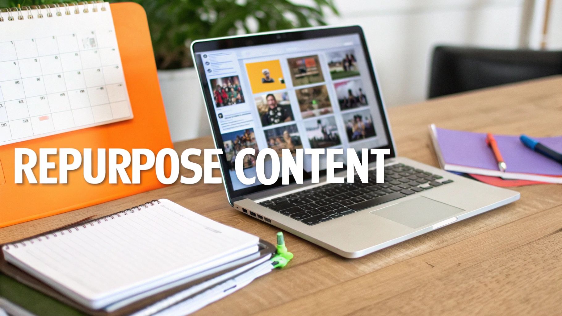Laptop displaying photo gallery on desk with calendar and notebooks for content repurposing strategy