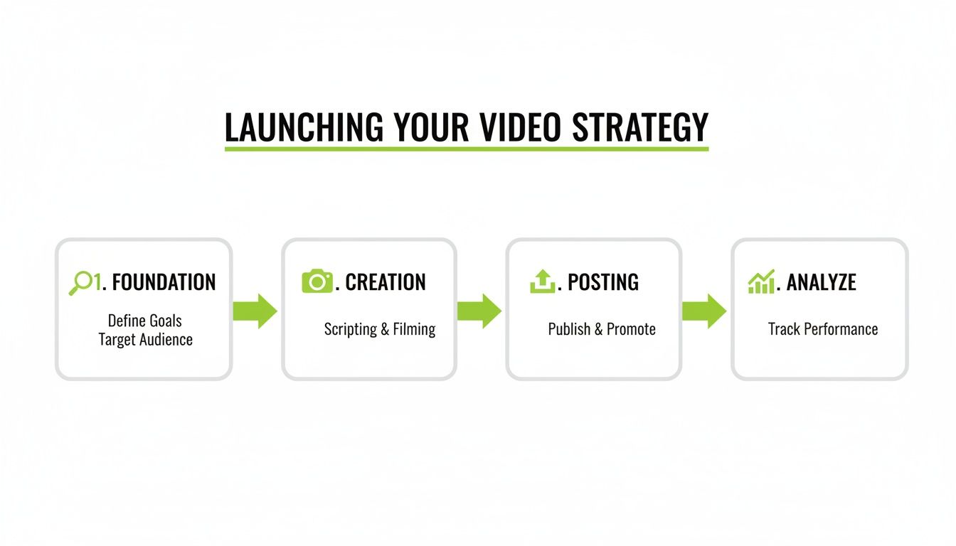 A four-step diagram outlining how to launch a video strategy, including foundation, creation, posting, and analysis.