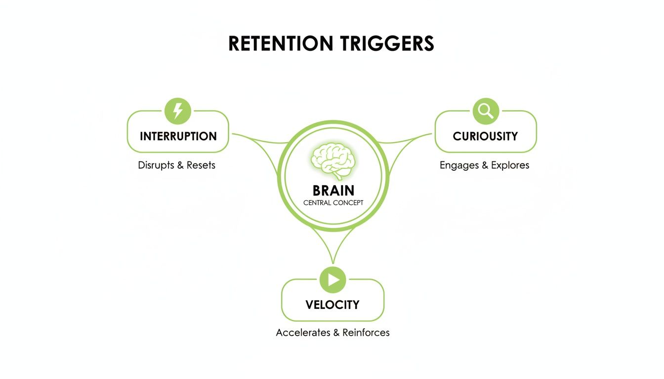 A diagram illustrating three retention triggers connected to the brain: Interruption, Curiosity, and Velocity.