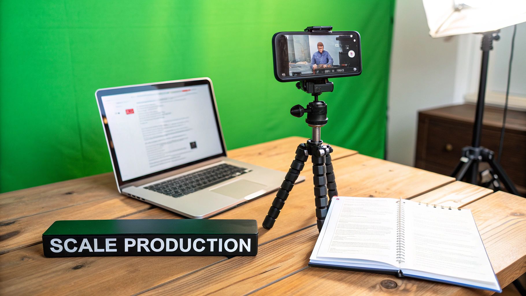 A green screen video production setup with a phone recording, laptop, and 'SCALE PRODUCTION' sign.