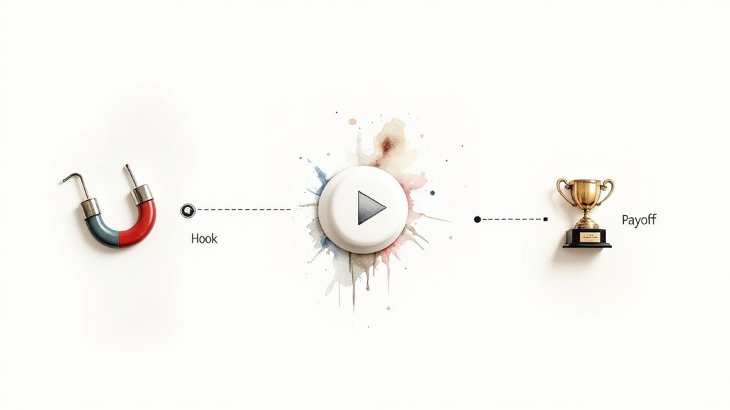 A visual journey from a 'Hook' magnet to a play button, ending with a 'Payoff' trophy, illustrating engagement.