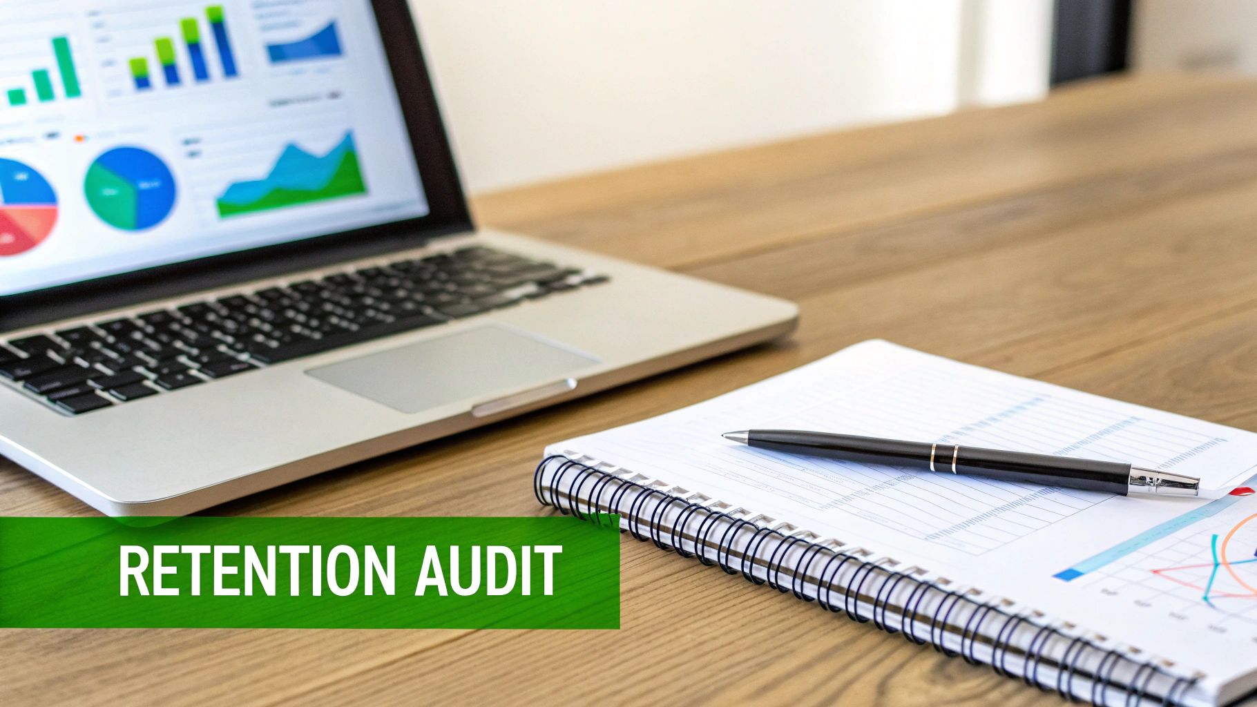 Laptop displaying data analytics charts next to a notebook with graphs and a pen, with 'RETENTION AUDIT' banner.