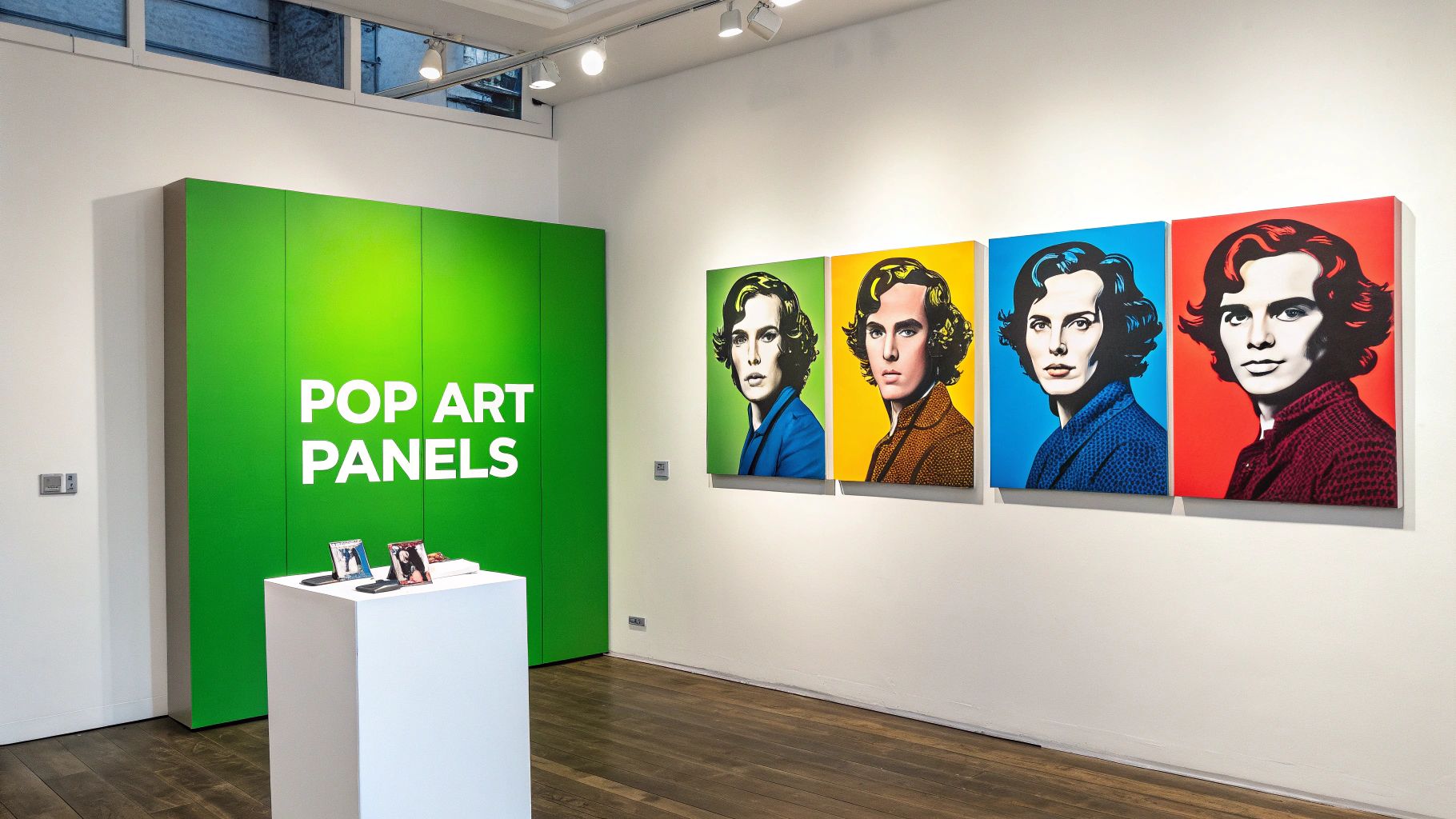 A vibrant pop art exhibition featuring a green 'POP ART PANELS' wall and four colorful portraits.