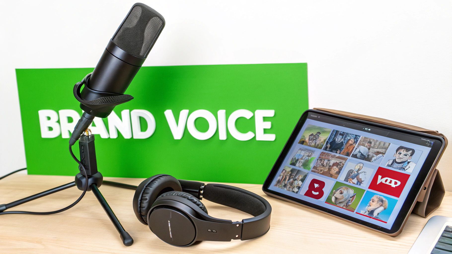 A professional recording setup featuring a microphone, headphones, and a tablet with a 'BRAND VOICE' sign.