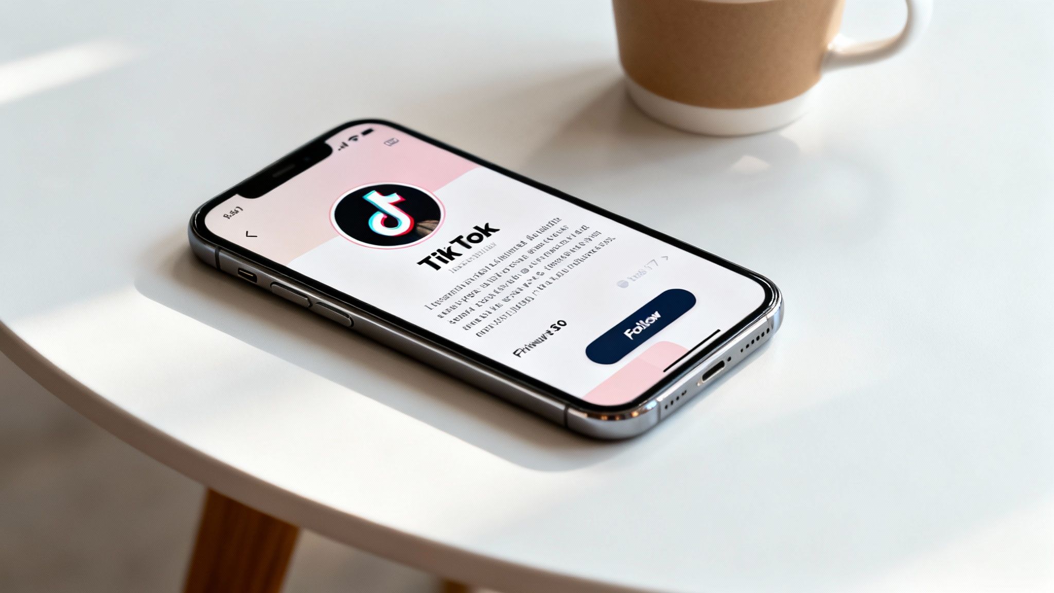 An iPhone displaying the TikTok app profile page with a follow button, next to a coffee cup.