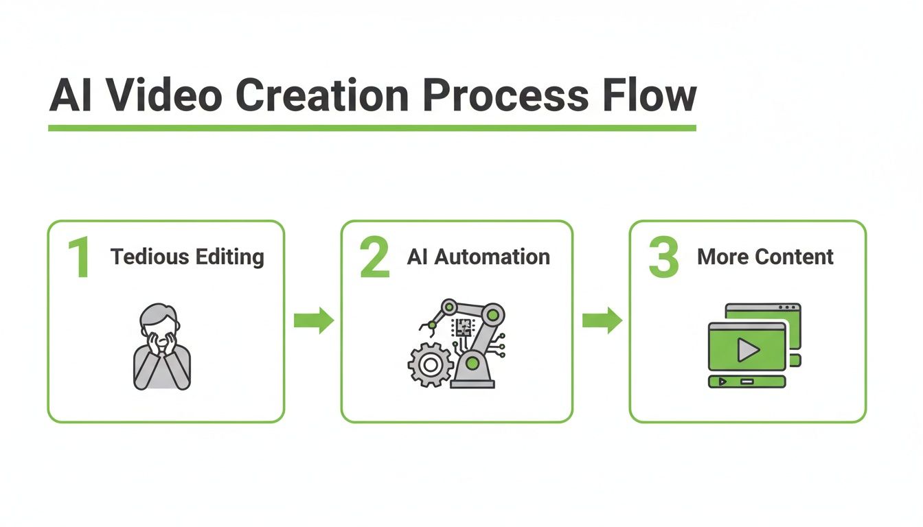 A three-step flow chart illustrating the AI video creation process from tedious editing to more content.