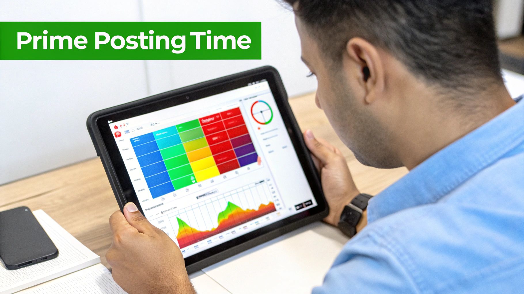 A man views a tablet displaying a colorful data grid and graph, indicating prime posting times.