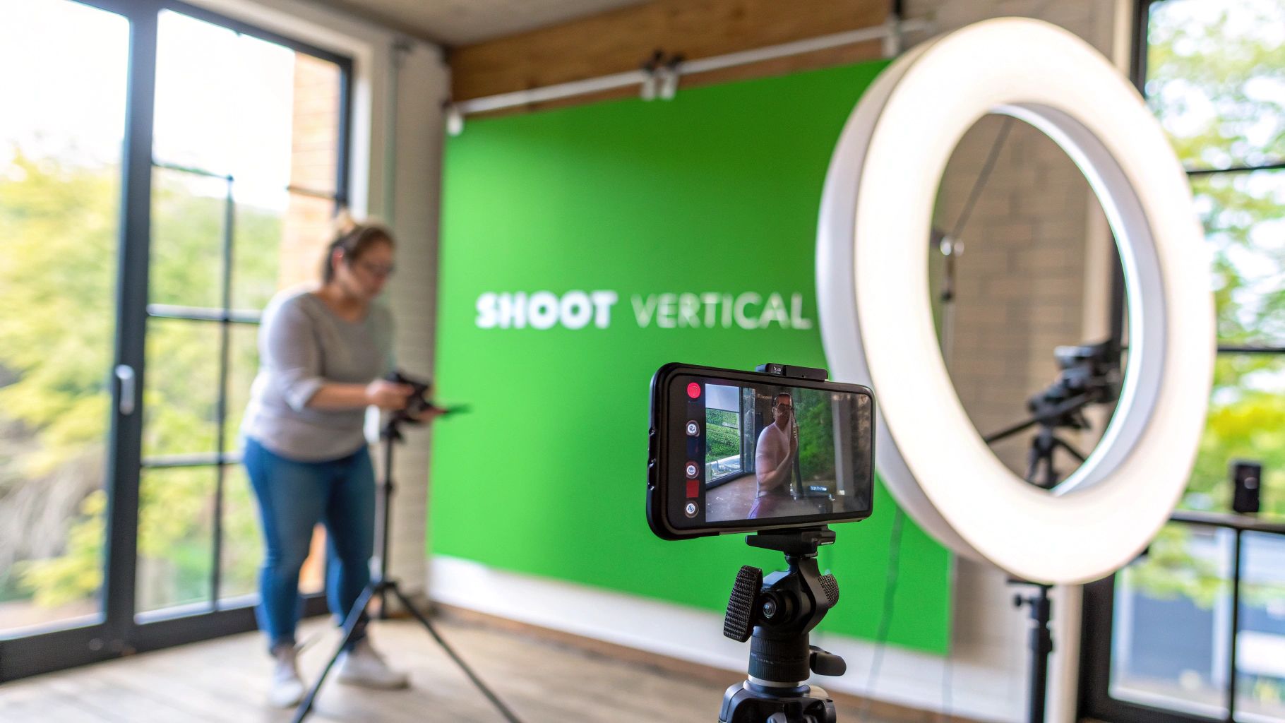 A person filming a man with a smartphone on a tripod in a studio with a green screen and ring light.