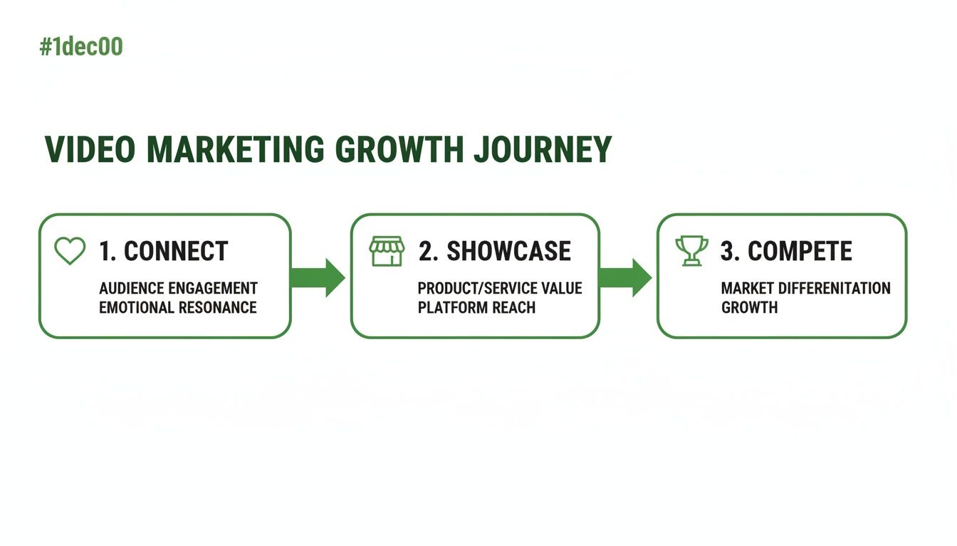 Diagram outlining the three steps of a video marketing growth journey: Connect, Showcase, and Compete.