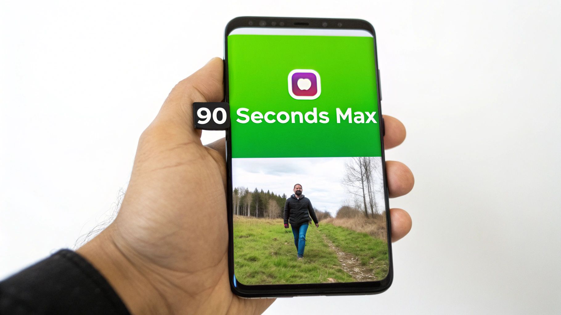 A hand holds a smartphone displaying an app screen with '90 Seconds Max' and a video of a man walking.