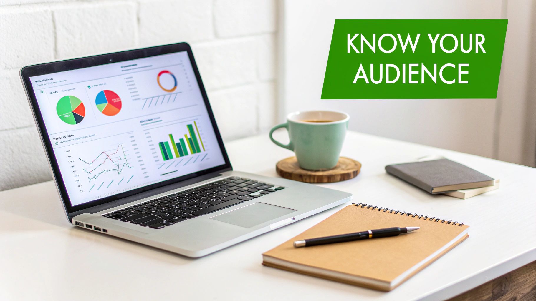 A laptop displaying data charts and graphs, coffee, notebook, and books on a white desk with 