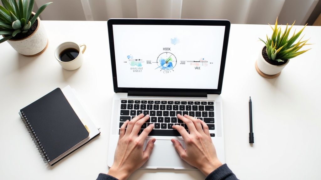 Overhead view of hands typing on a laptop with coffee, plants, and notebook on a white desk.