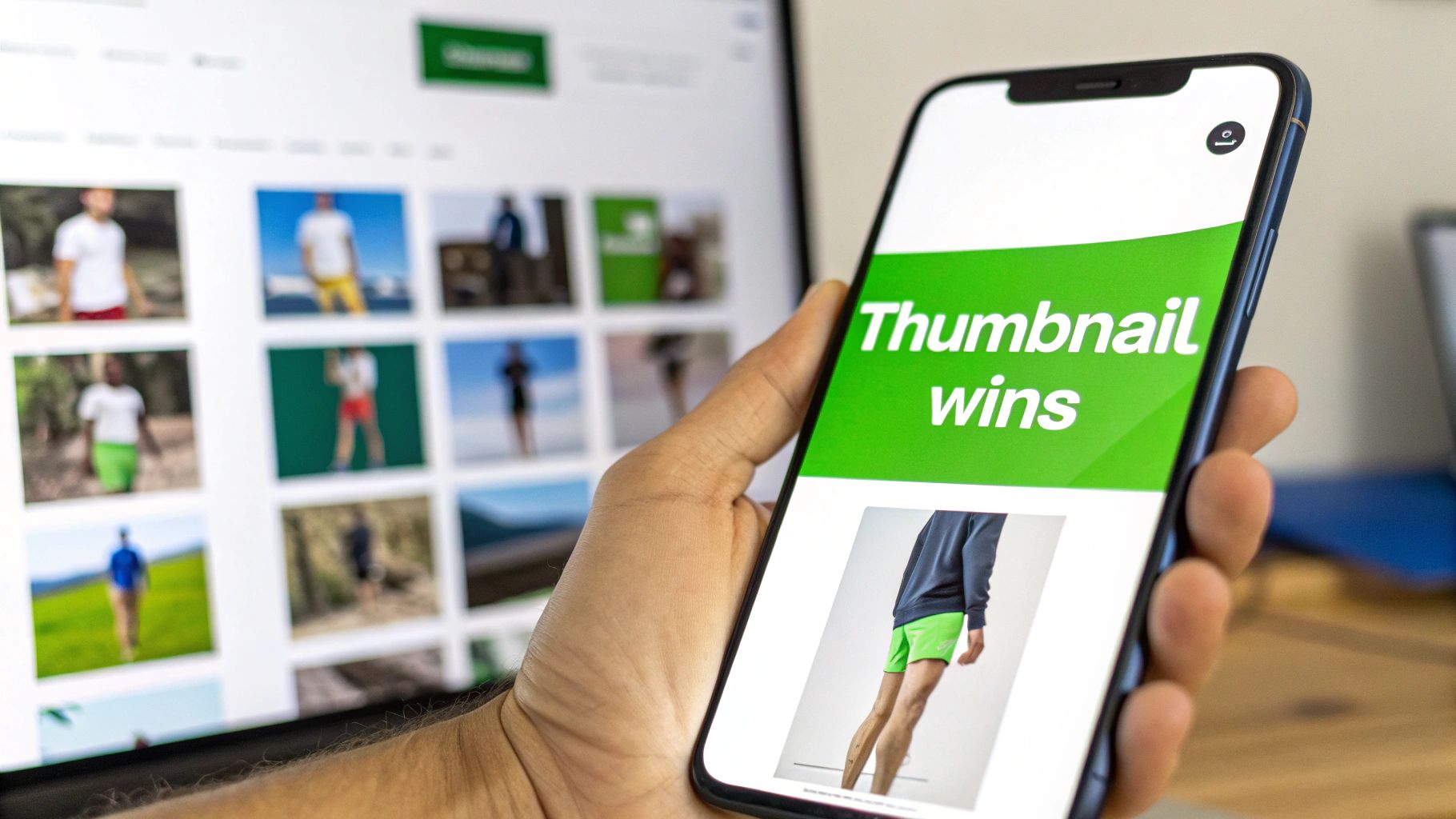 A hand holds a smartphone displaying 'Thumbnail wins' and a product image, with a laptop showing a grid of thumbnails in the background.