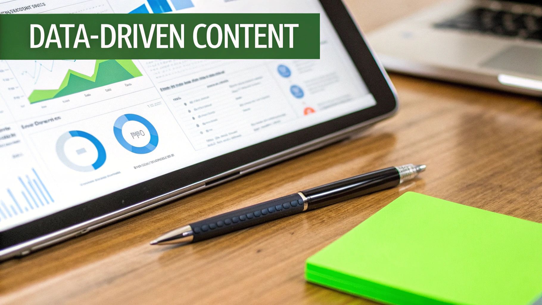 Tablet displaying data-driven content, charts, and graphs with a pen and green sticky notes on a wooden desk.
