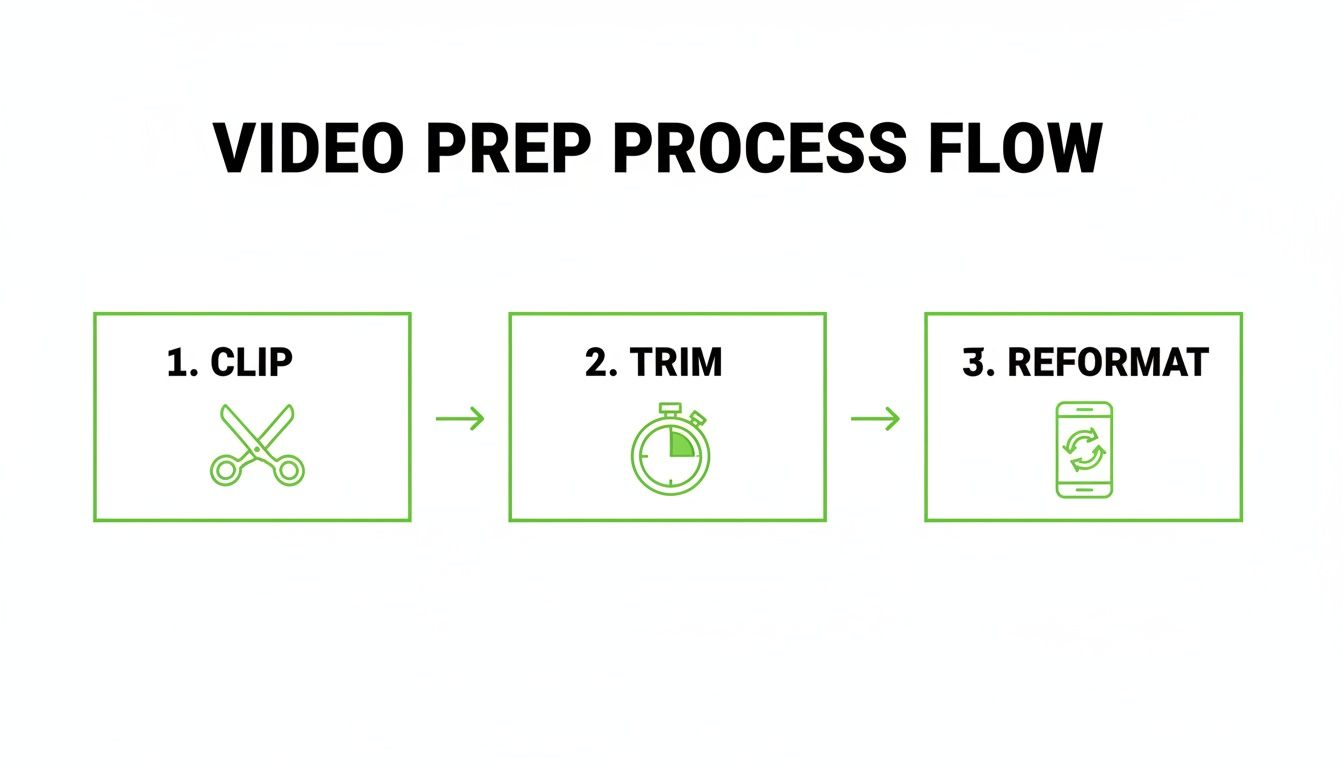 A three-step video preparation process flow with icons for clipping, trimming, and reformatting videos.