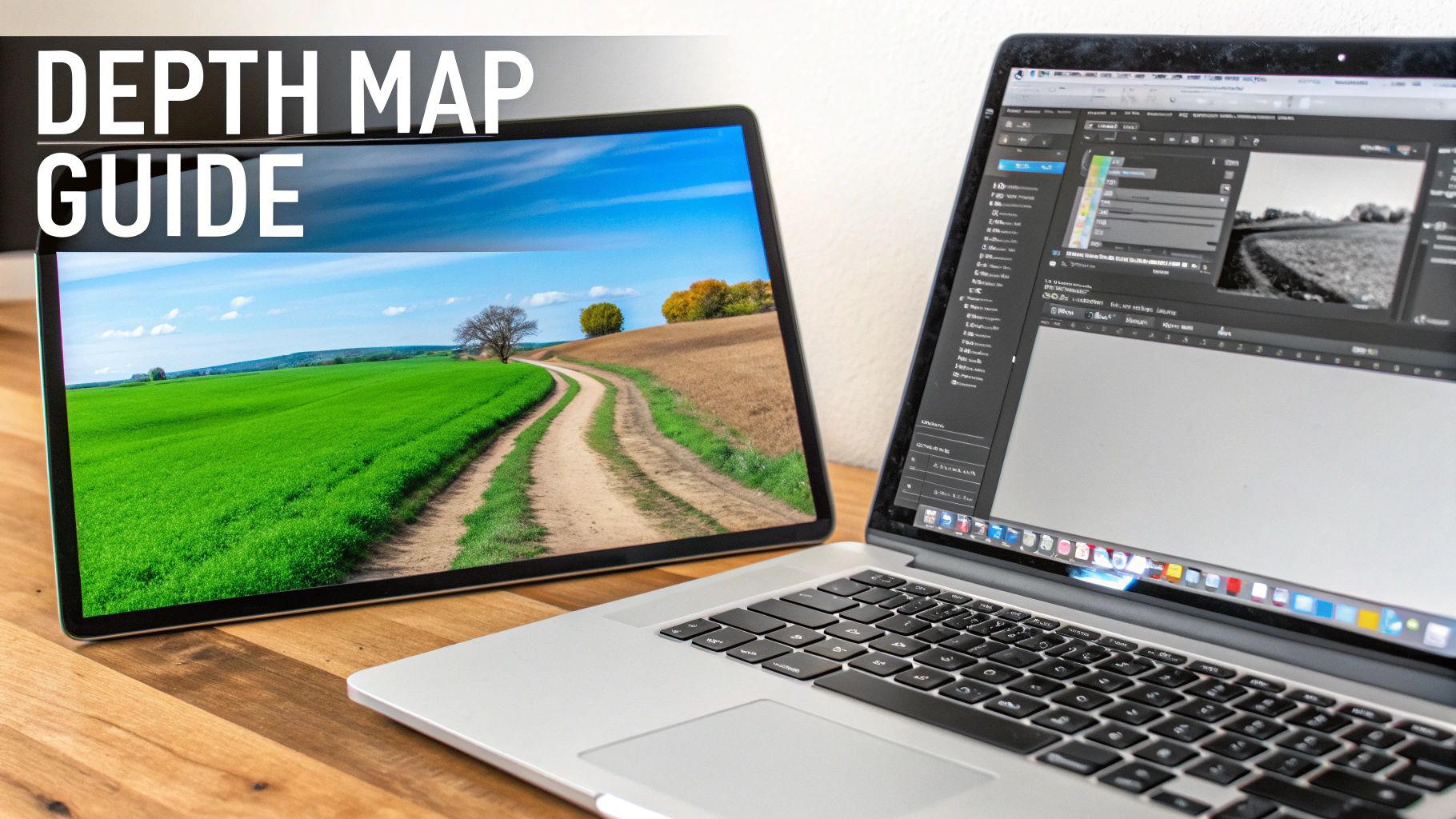 A laptop and tablet on a wooden desk. The tablet displays a landscape, while the laptop shows photo editing software with a depth map guide.