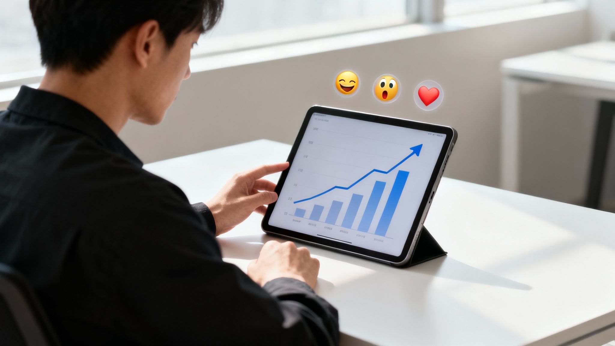 A person views a tablet displaying a positive growth chart, with three expressive emojis above.