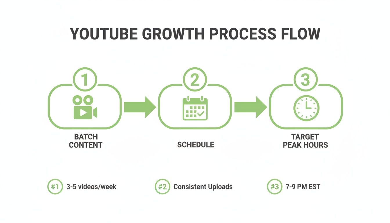 Flowchart illustrating YouTube content growth: batching, scheduling, and targeting peak hours for uploads.