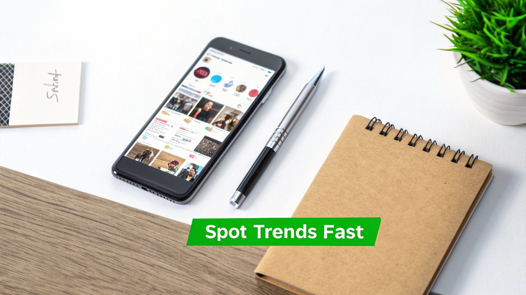 Flat lay of a modern workspace with a smartphone displaying social media content, a pen, notebook, and 'Spot Trends Fast'.