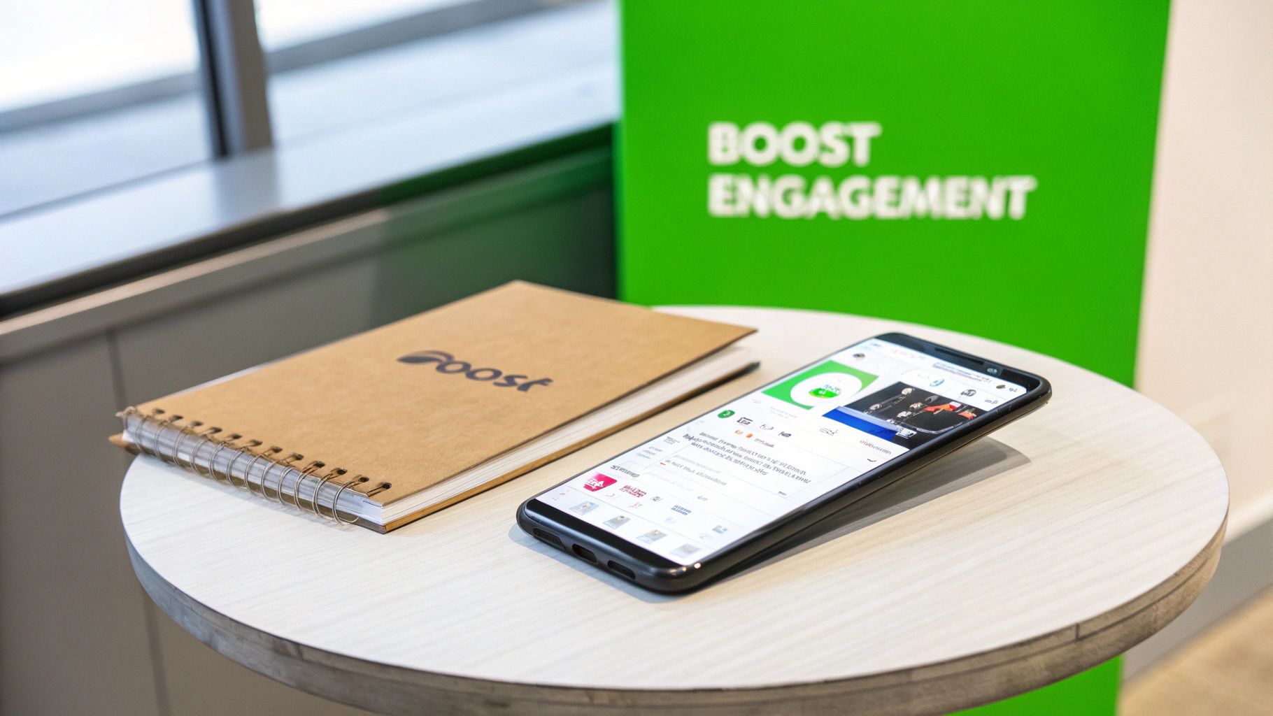 A smartphone displaying an app and a Foost notebook on a table, with a 'Boost Engagement' sign.