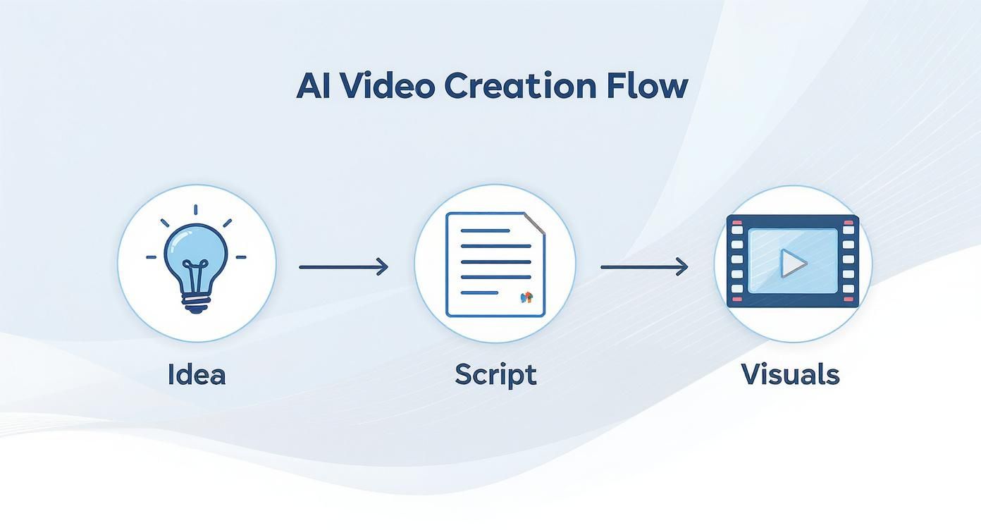 AI video creation workflow diagram showing three stages: idea with lightbulb, script document, and video visuals