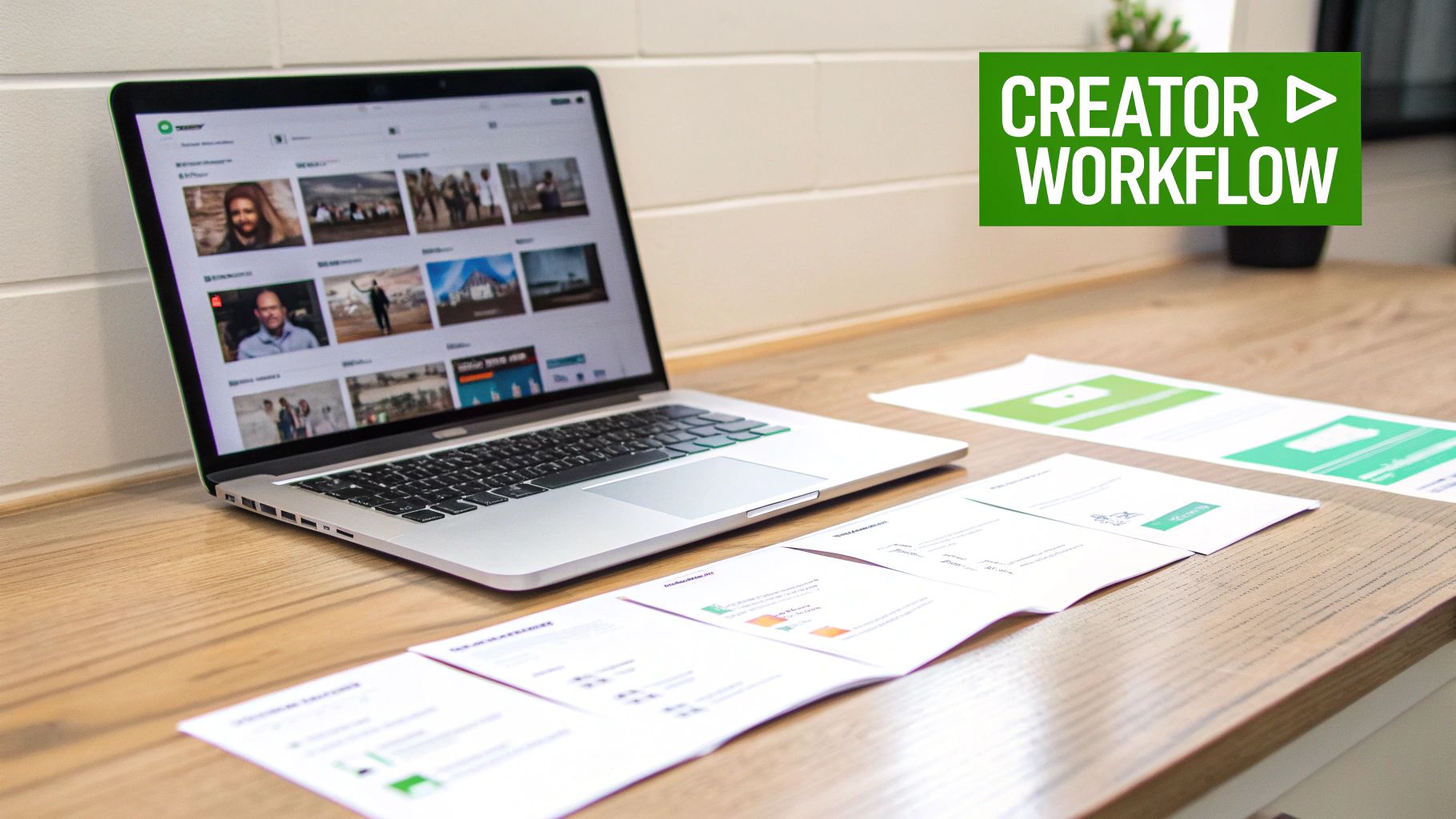 A laptop on a wooden desk showing a creative platform with photos, next to papers and a 'CREATOR WORKFLOW' sign.