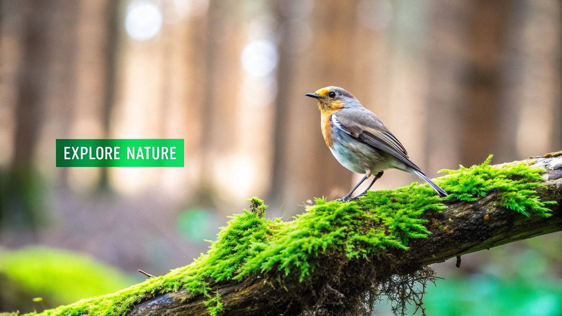 A small colorful bird, possibly a robin, perched on a moss-covered branch in a lush forest with 